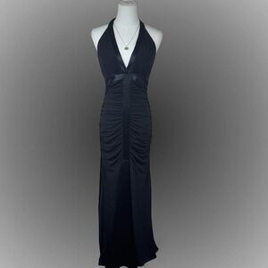 vintage y2k jessica mcclintock black halter maxi dress satin trim ruched body